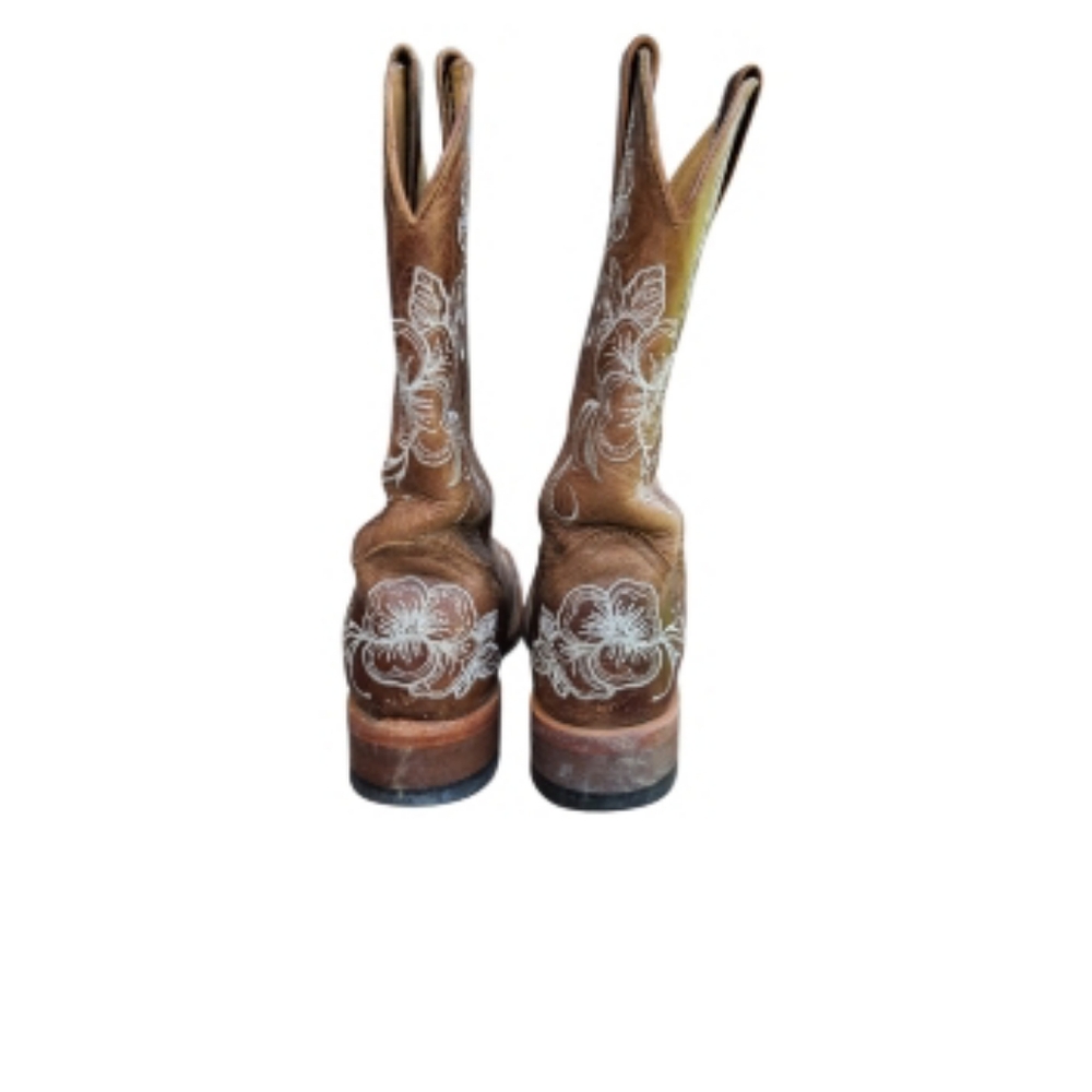 Shyanne Lasy Floral Embroider Broad Square Toe Leather Cowboy Boot Brow Women 10 - Picture 4 of 16